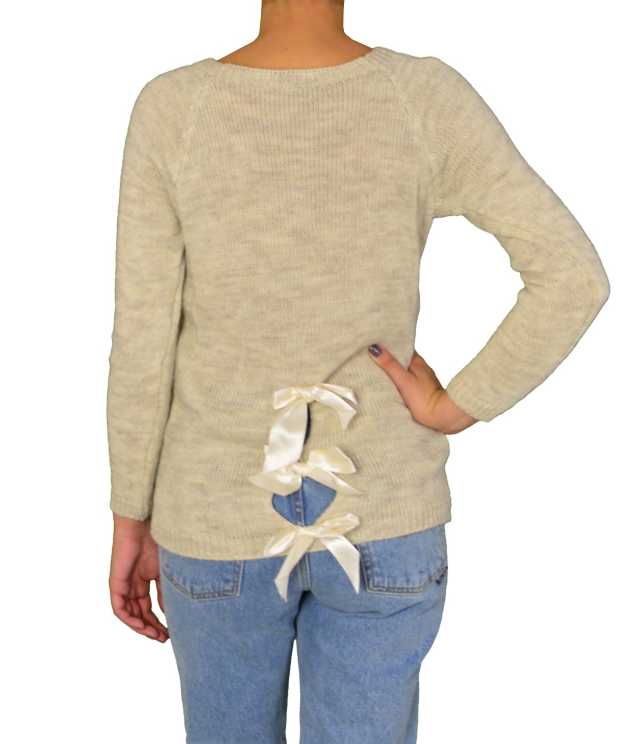 Γυναικεία πλεκτή μπλούζα μπεζ με σατέν φιογκάκια 7819C
